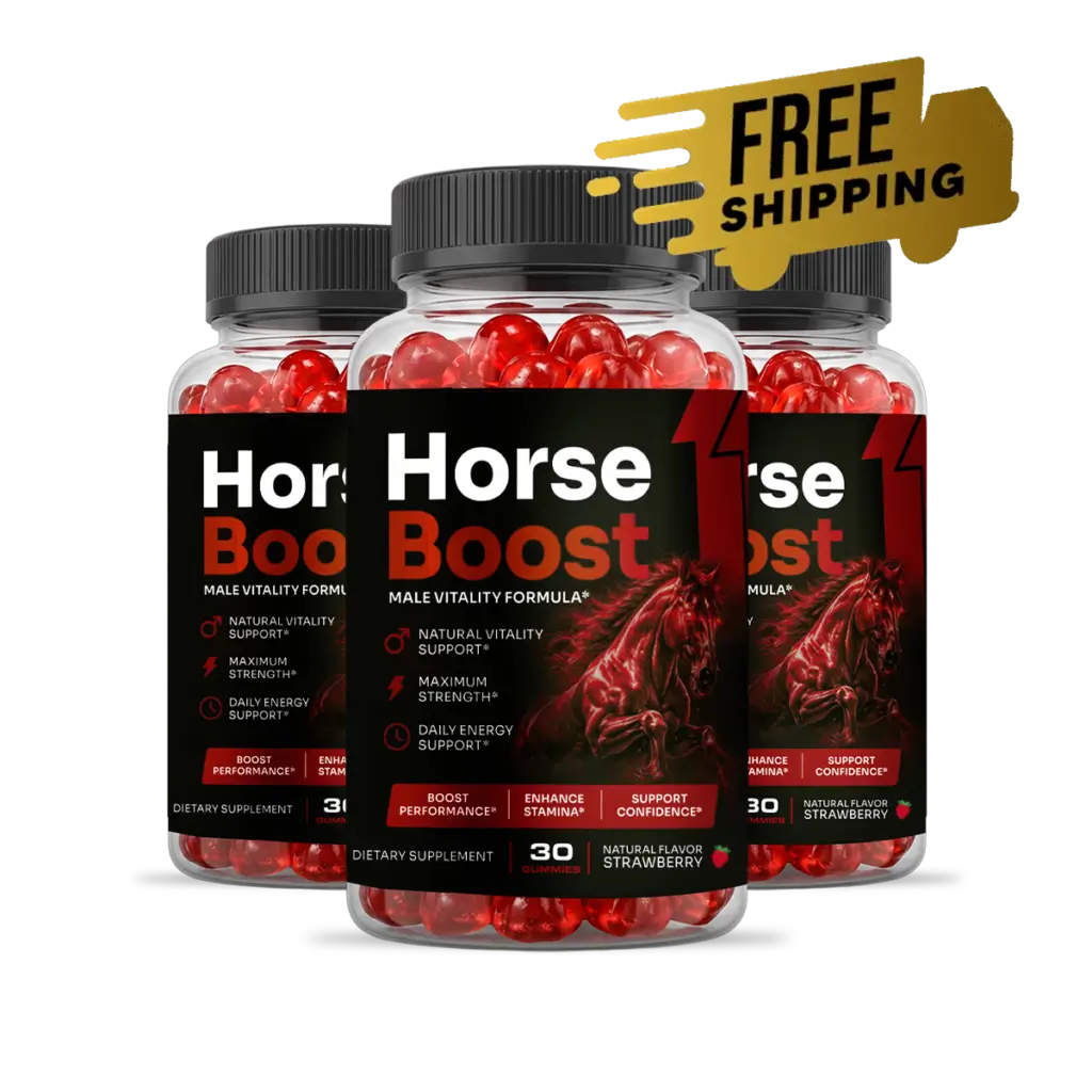 Three bottles of Horse Boost gummies with a free shipping badge