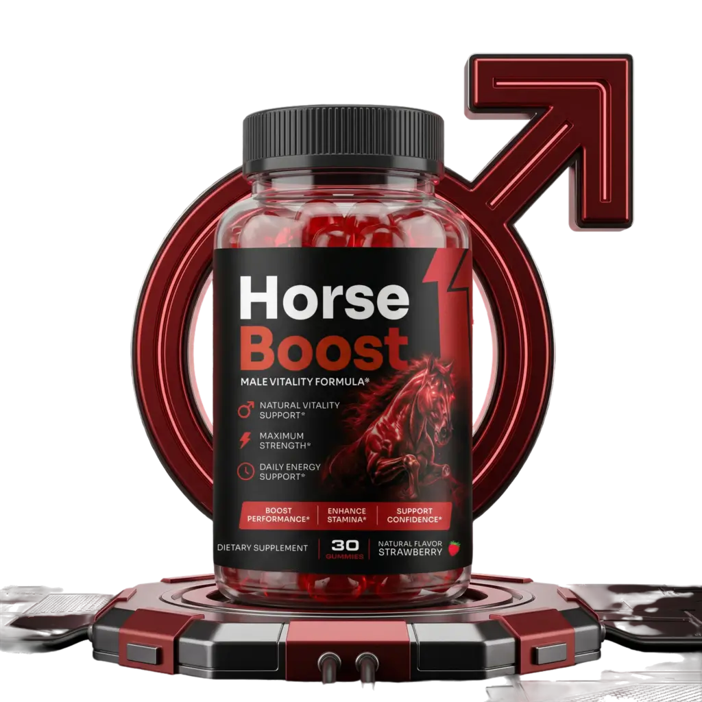 Horse Boost gummy bottle displayed with a red male vitality symbol